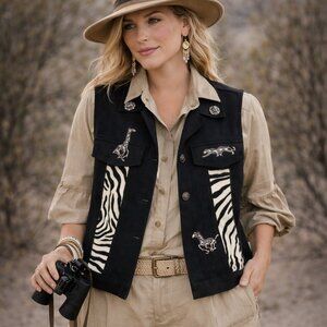 Lori Lundon Call Wild Safari Vest L Animal Print Cotton Vintage Boho NWT